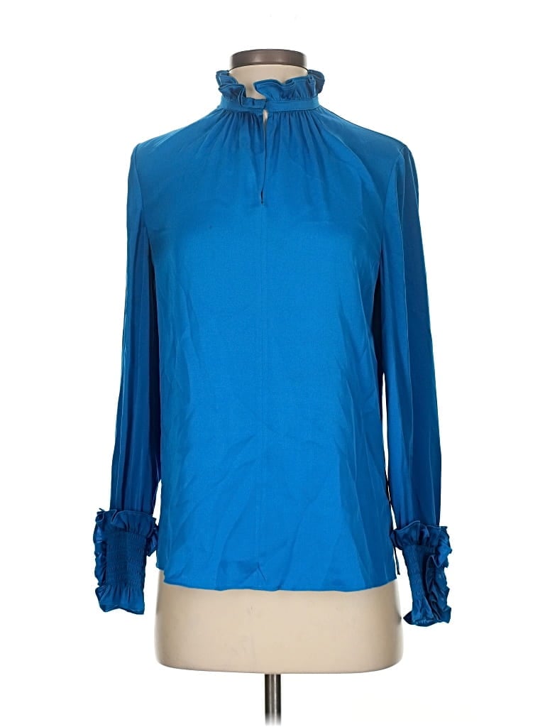Pre-owned Kobi Halperin Long Sleeve Silk Top Blue Mock Neckline Tops
