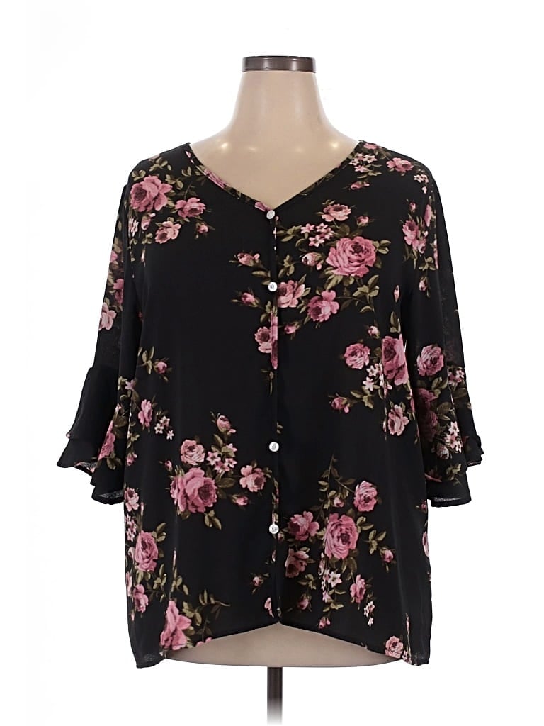 Pre-owned Chris & Carol 3/4 Sleeve Blouse In Black
