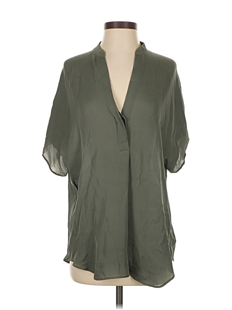 Pre-owned Vince Short Sleeve Silk Top Green Plunge Neckline Tops