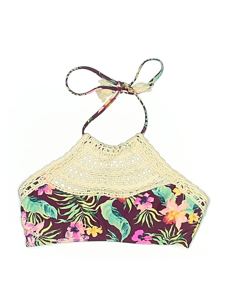 Pre-owned Time And Tru Swimsuit Top Burgundy Tropical Pattern Swimwear