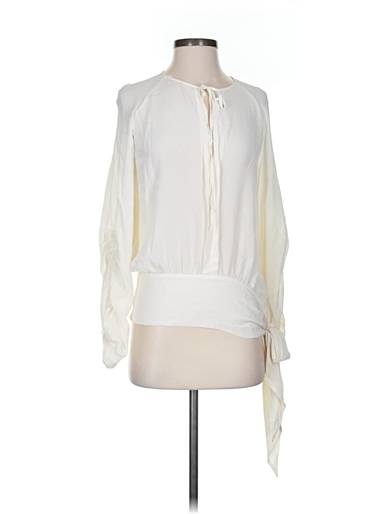Pre-owned Pinko Long Sleeve Silk Top Ivory Keyhole Neckline Tops In White