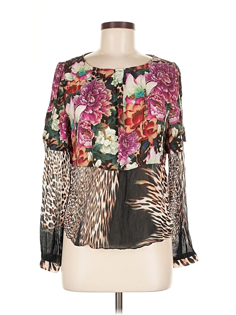 Pre-owned Nicole Miller Long Sleeve Silk Top Black Animal Print Pattern Sweetheart Neckline Tops