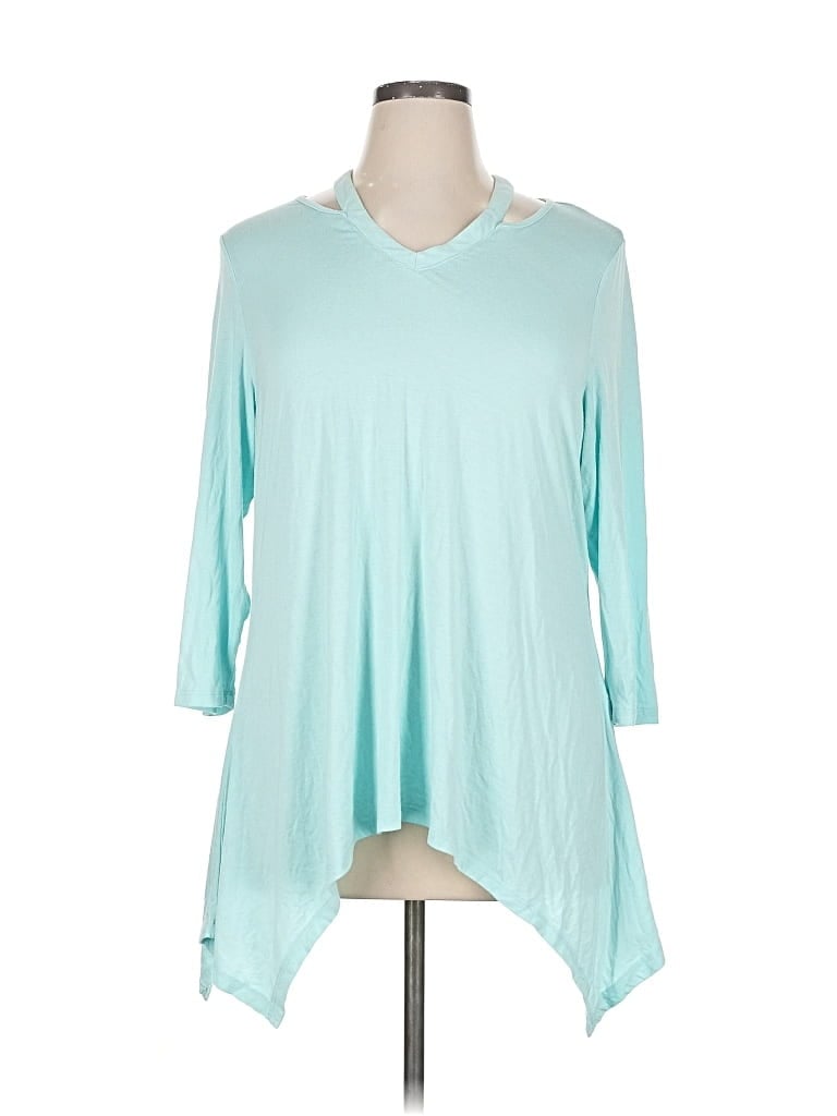 Pre-owned Premise 3/4 Sleeve Top Teal Keyhole Neckline Tops In Blue