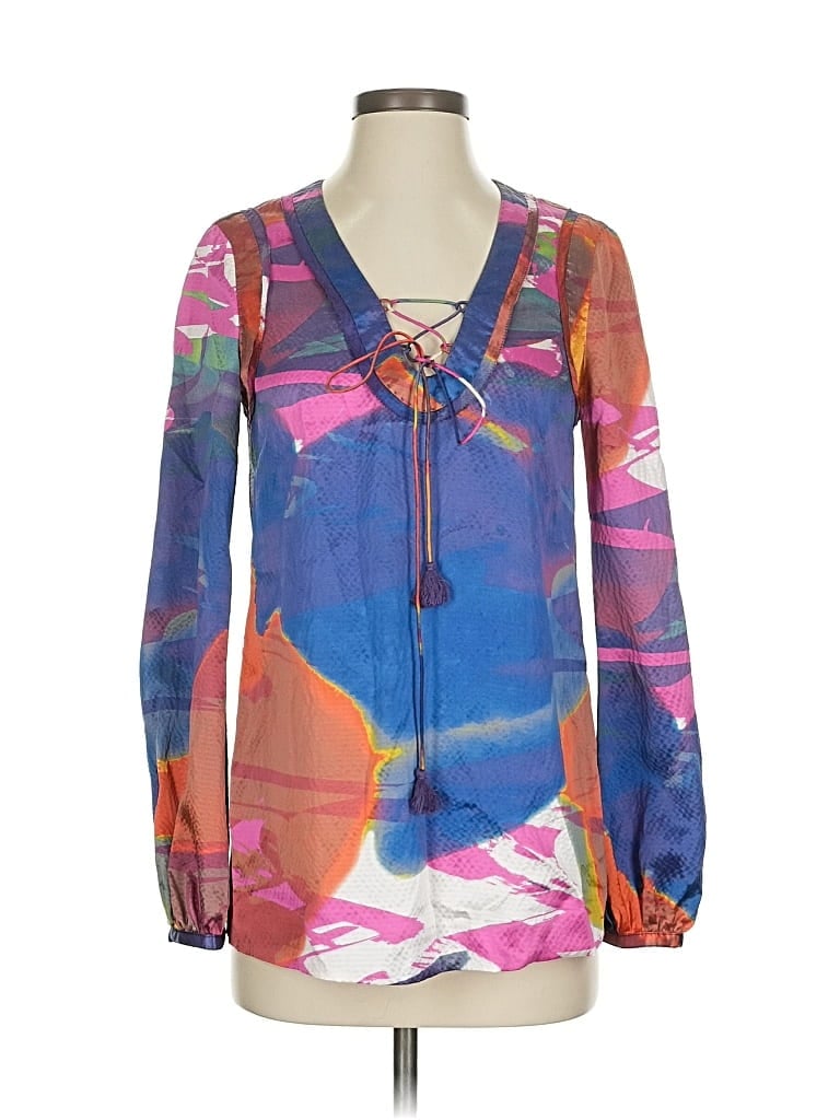 Pre-owned Tory Burch Long Sleeve Silk Top Blue Plunge Neckline Tops