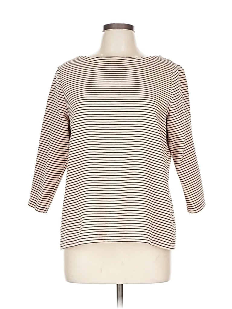 Click to view more detailed imagery on our partner's website Pre-owned Coldwater Creek 3/4 Sleeve Top Brown Stripes Pattern Boatneck Tops