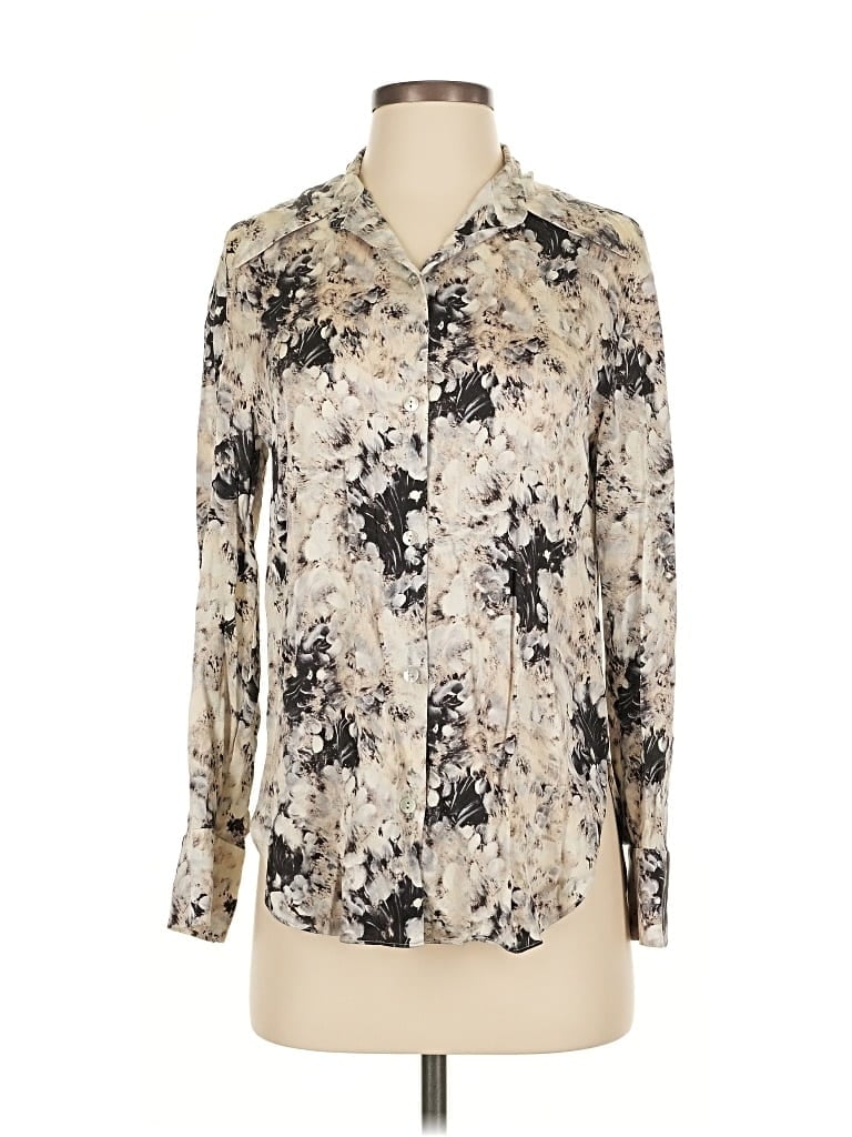 Pre-owned Vince Long Sleeve Silk Top Ivory Floral Pattern Tie Neck Tops In White