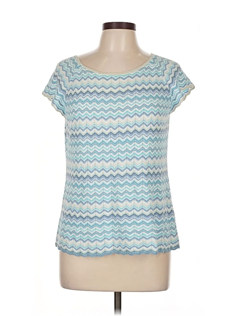 Pre-owned Sigrid Olsen Short Sleeve Top Teal Scoop Neck Tops In Blue