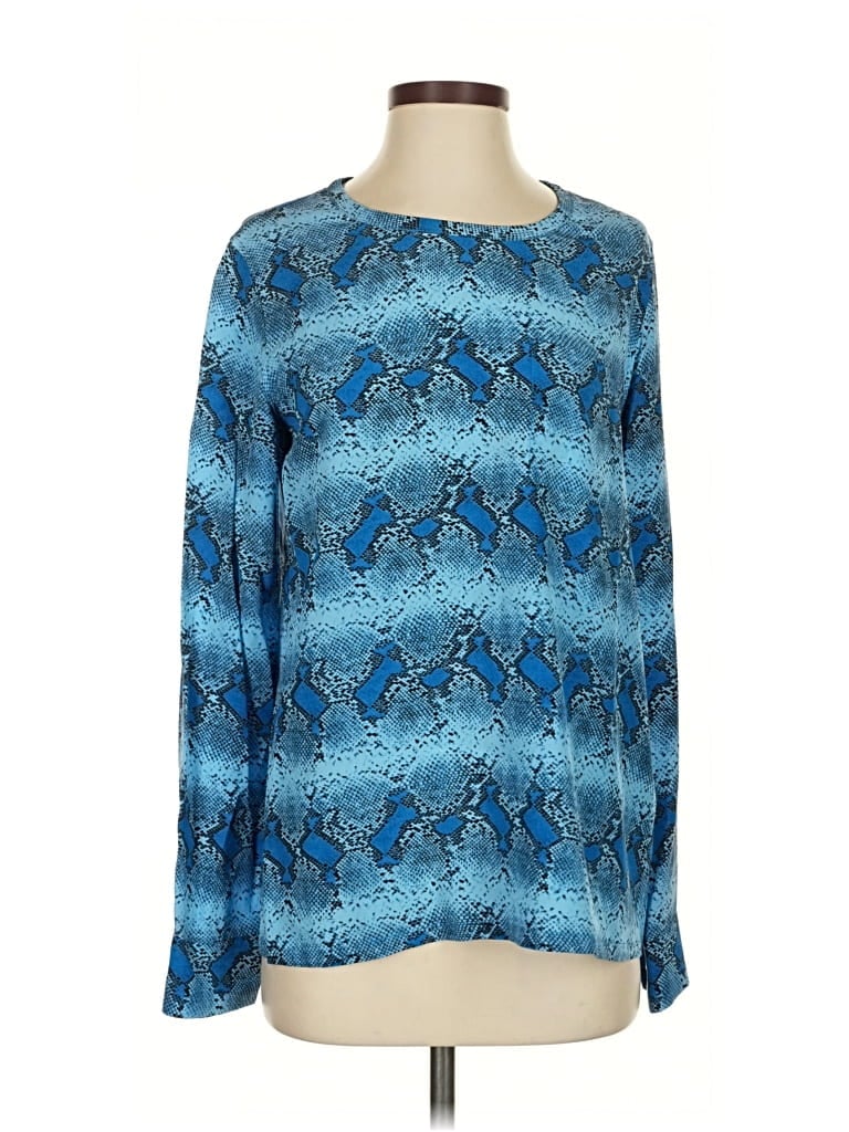 Pre-owned Equipment Long Sleeve Silk Top Blue Snake Print Pattern Crew Neck Tops