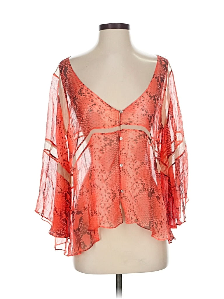 Pre-owned Elizabeth And James 3/4 Sleeve Silk Top Orange Plunge Neckline Tops