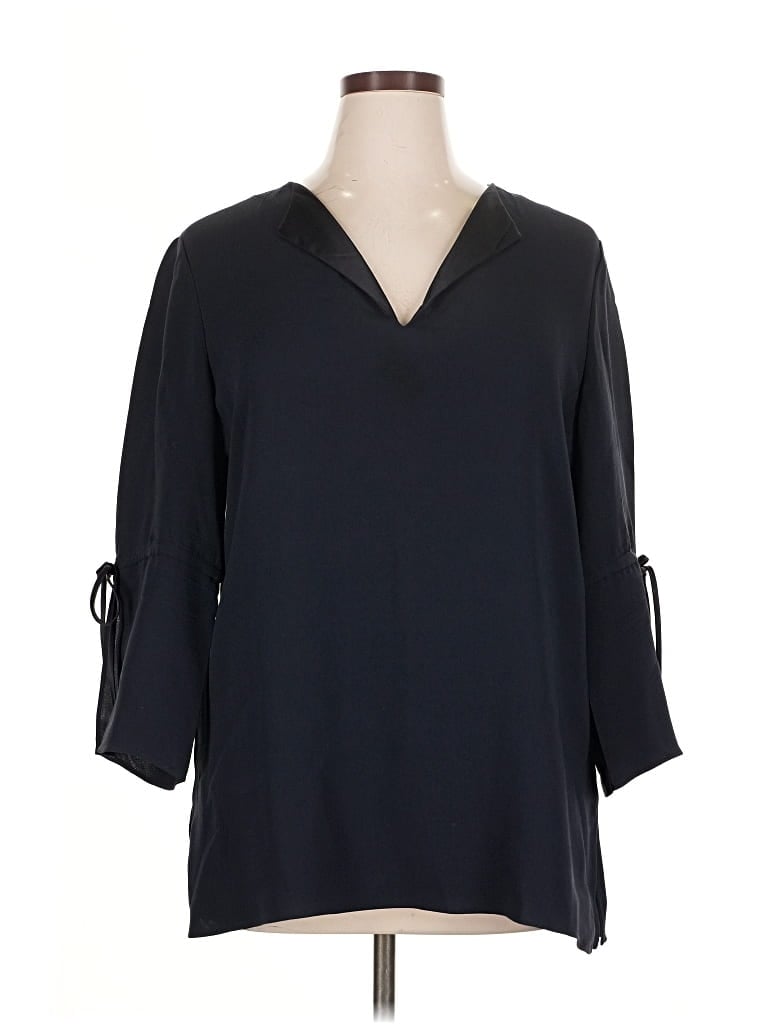 Pre-owned Lafayette 148 3/4 Sleeve Silk Top Black Open Neckline Tops