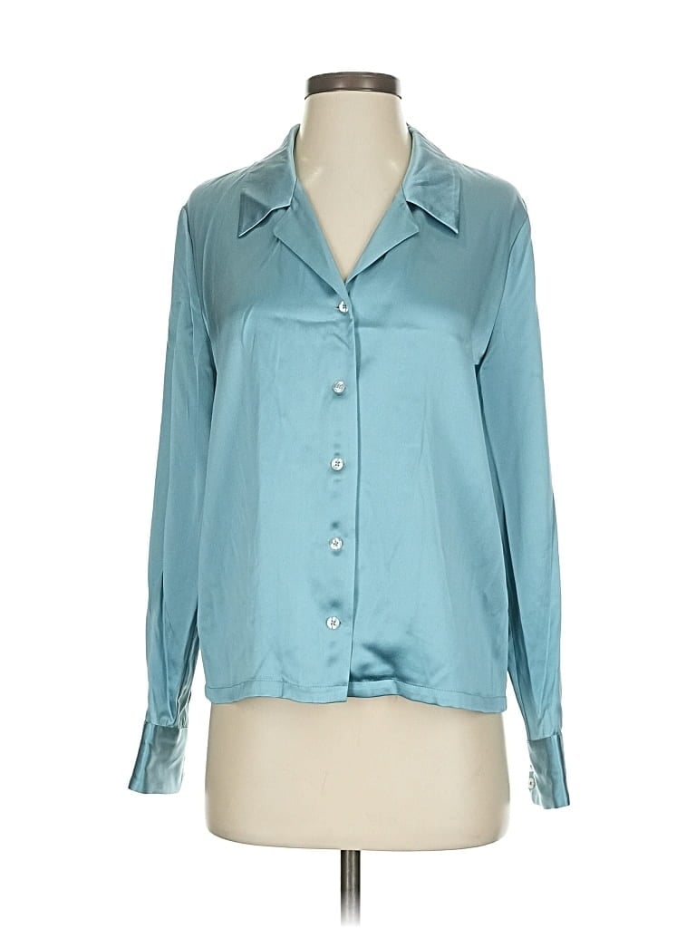 Pre-owned Frances Valentine Long Sleeve Silk Top Teal Cowl Neck Tops In Blue