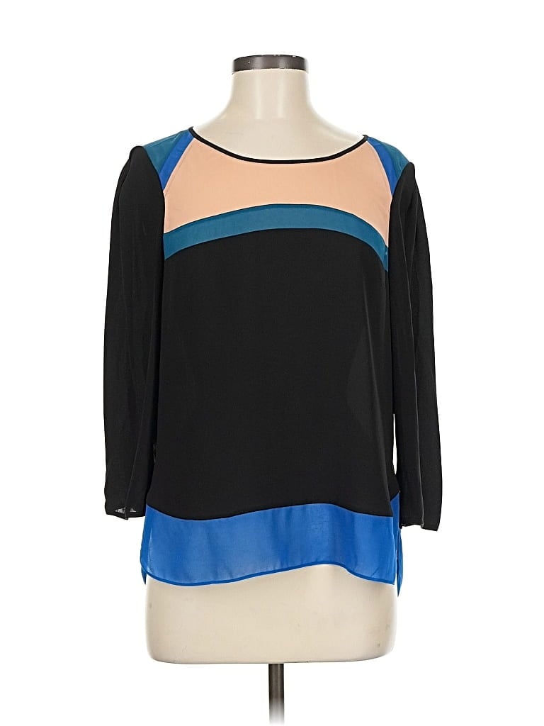 Pre-owned Bcbgmaxazria 3/4 Sleeve Top Black Color Block Pattern Square Neckline Tops