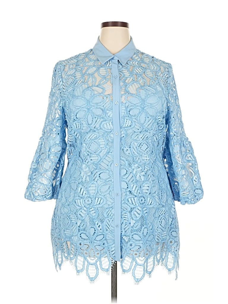 Lela Rose 3/4 Sleeve Button Down Shirt In Blue