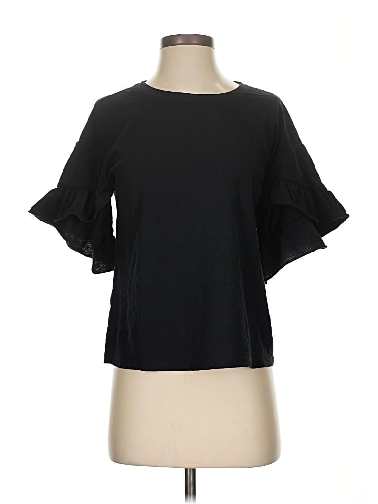 Pre-owned Vince Camuto Short Sleeve Top Black Ruffles Neckline Tops