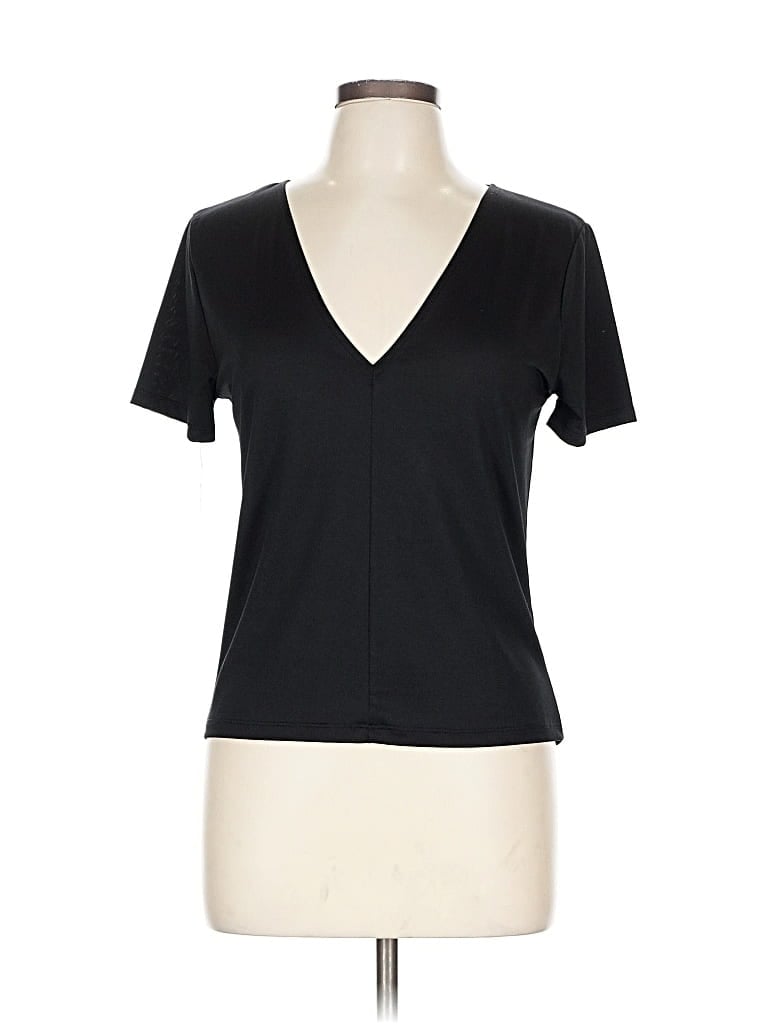 Pre-owned Trafaluc By Zara Short Sleeve Top Black Solid Pattern V Neck Tops