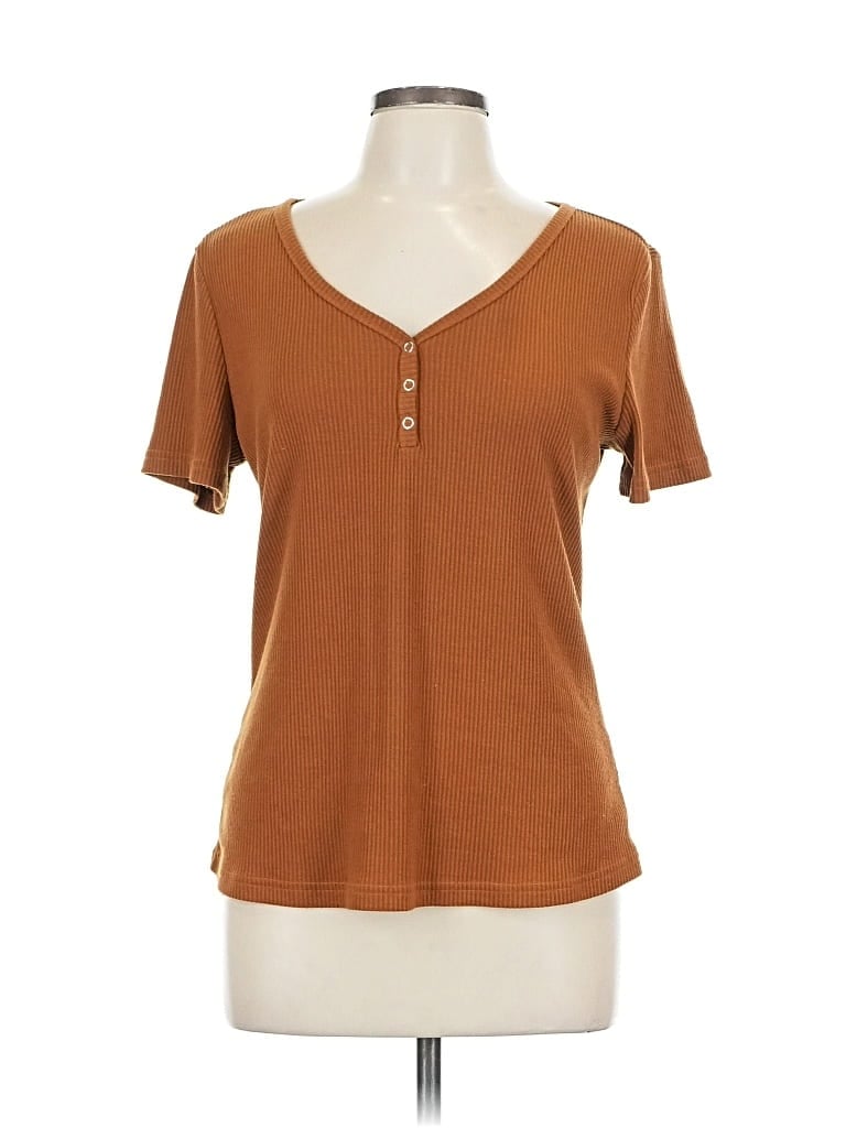 Pre-owned Fashion Short Sleeve Top Brown V Neck Tops