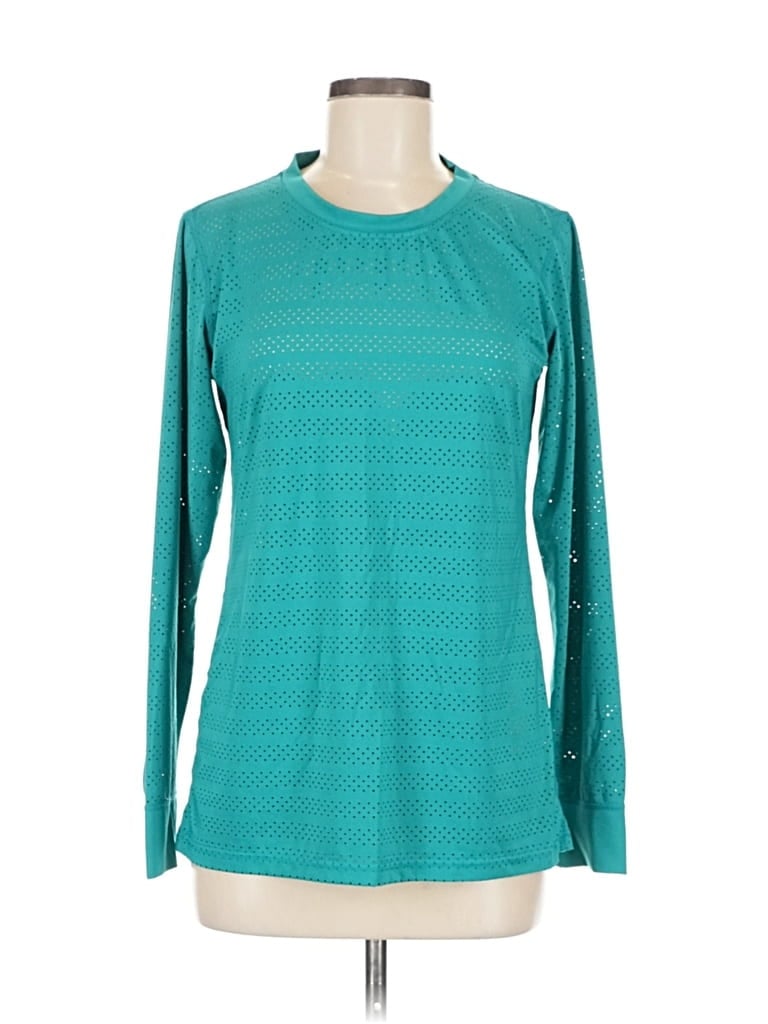 Pre-owned Zyia Active Long Sleeve Top Teal Crew Neck Tops In Blue