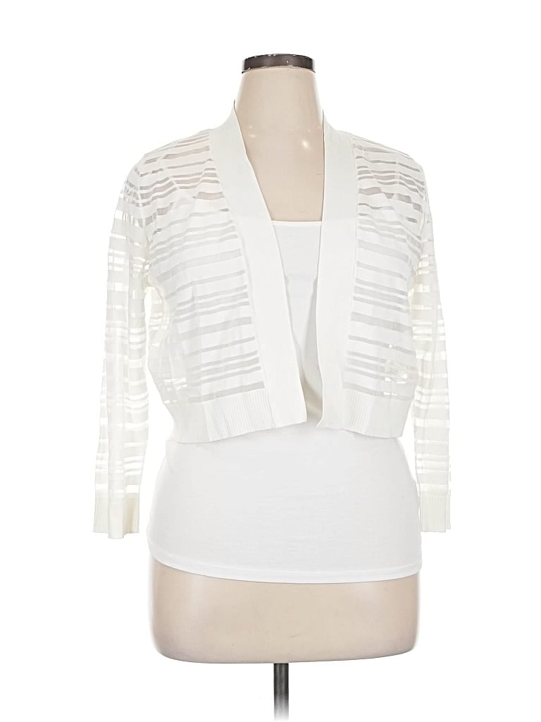 Pre-owned Calvin Klein 3/4 Sleeve Top Ivory Plunge Neckline Tops In White