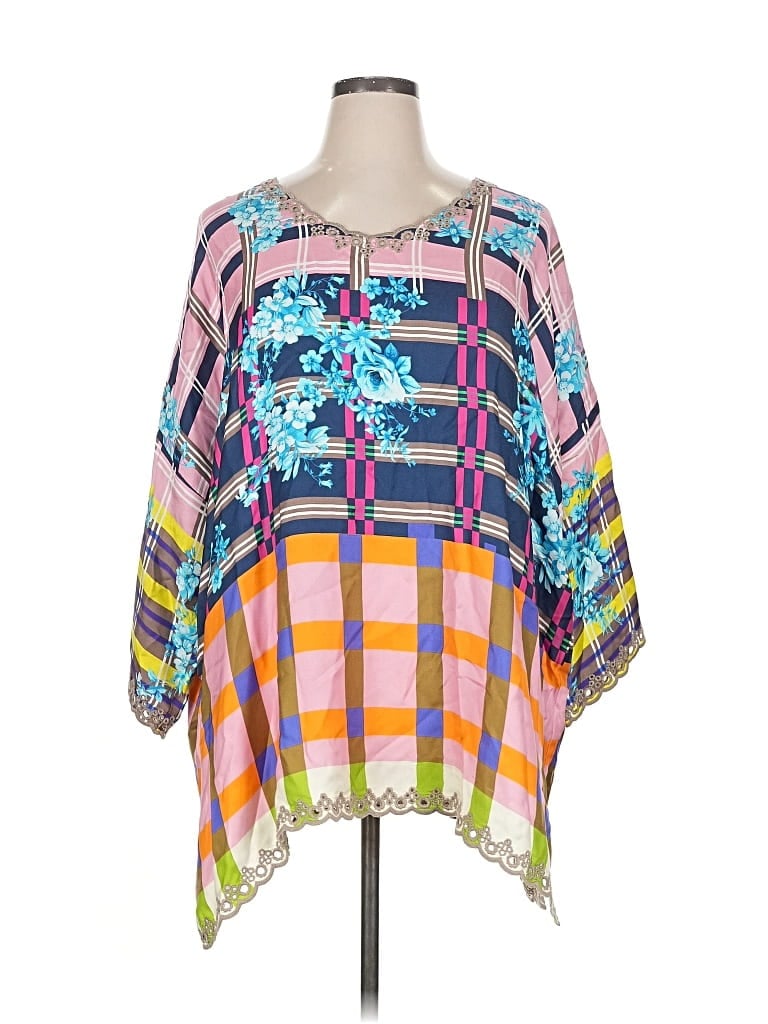 Pre-owned Johnny Was 3/4 Sleeve Silk Top Silver Square Neckline Tops