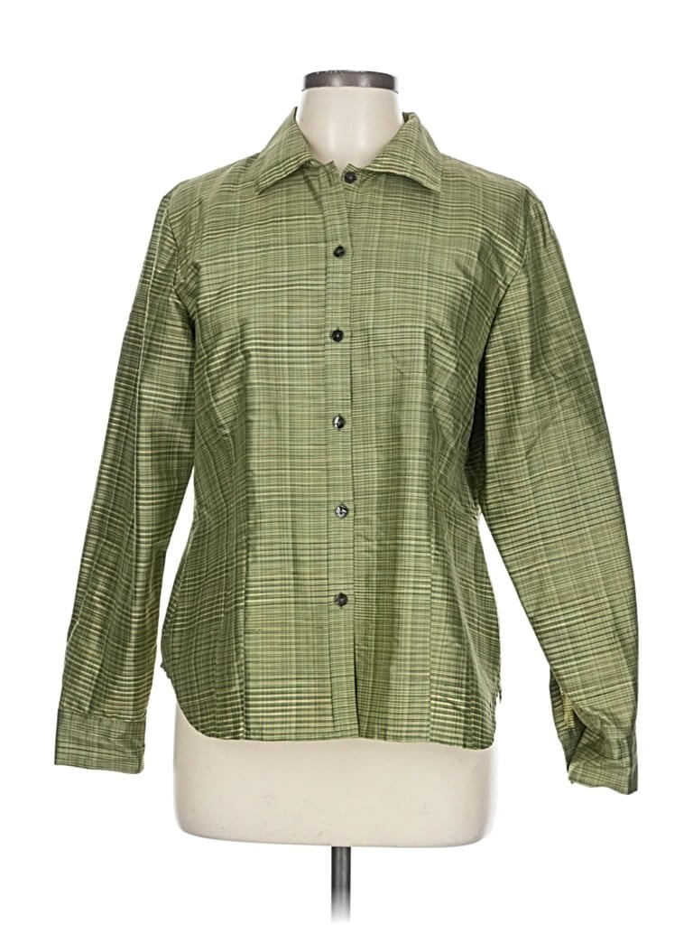 Pre-owned Sigrid Olsen Long Sleeve Silk Top Green Houndstooth Pattern Square Neckline Tops