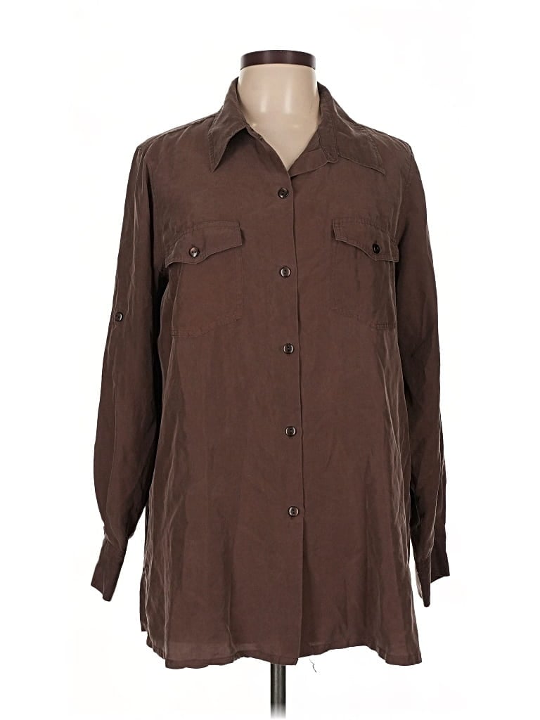 Pre-owned Travelsmith Long Sleeve Silk Top Brown Collared Neckline Tops
