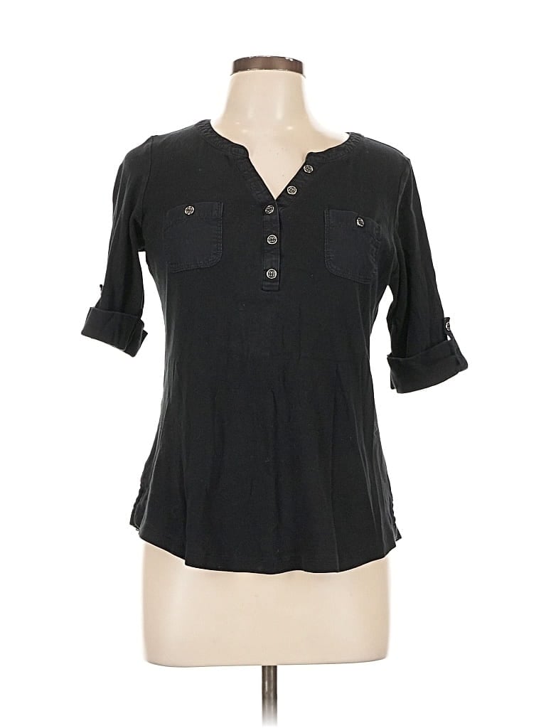 Pre-owned Karen Scott Short Sleeve Henley Shirt In Black