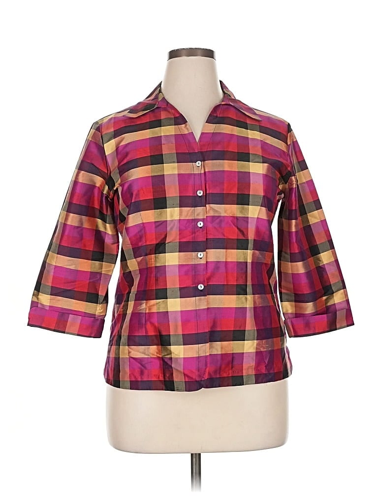 Pre-owned Robbie Bee 3/4 Sleeve Silk Top Purple Plaid Pattern Square Neckline Tops