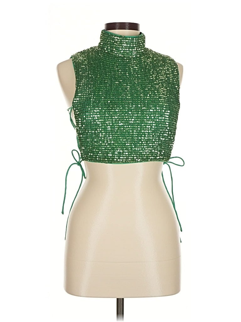 Pre-owned H:ours Sleeveless Top Green Halter Neckline Tops