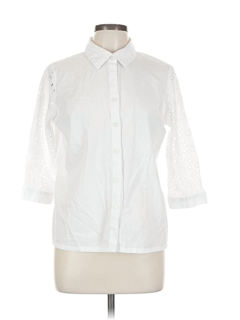 Pre-owned Emily Daniels 3/4 Sleeve Button Down Shirt In White