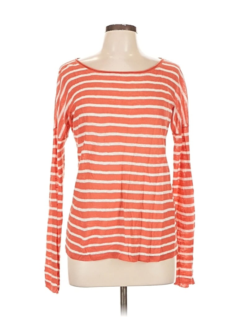 Pre-owned Vince Long Sleeve Top Orange Stripes Pattern Boatneck Tops