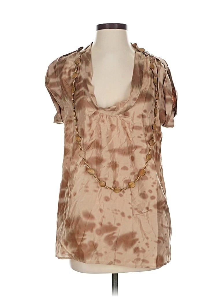 Pre-owned Bebe Short Sleeve Silk Top Brown Tie-dye Pattern Cowl Neck Tops