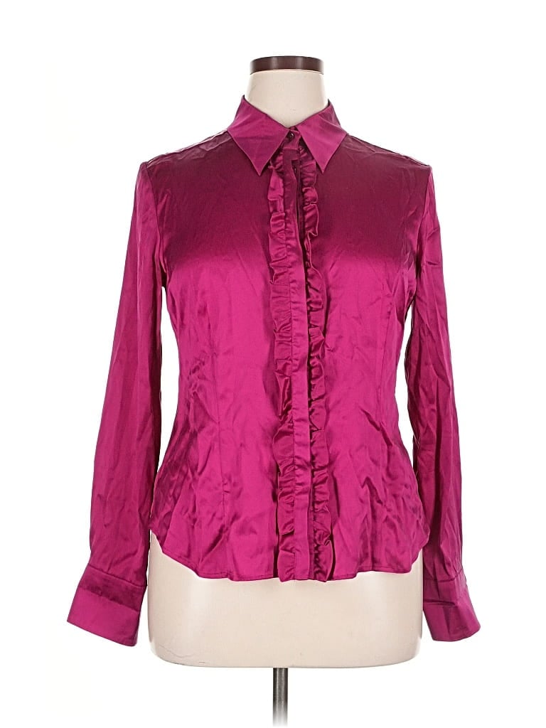 Pre-owned Sutton Studio Long Sleeve Silk Top Burgundy Ruffles Neckline Tops