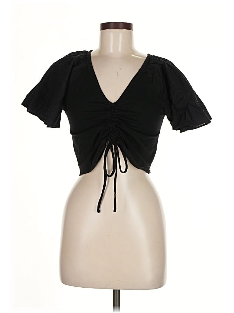 Pre-owned Maeve By Anthropologie Short Sleeve Top Black Sweetheart Neckline Tops