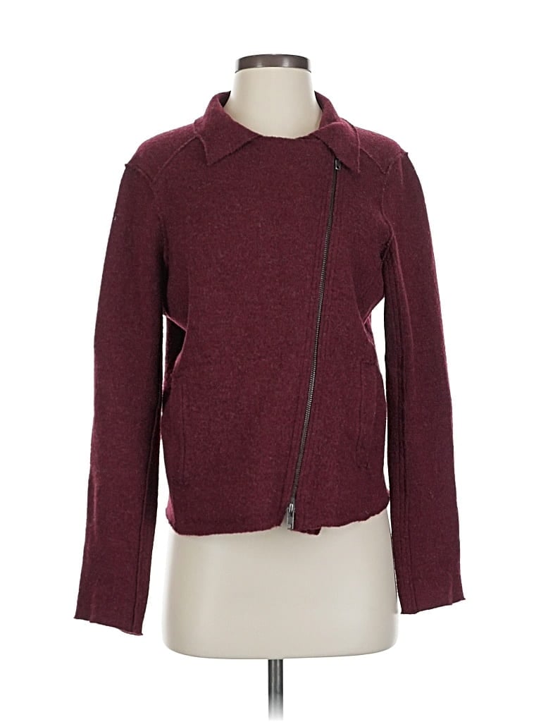 Pre-owned Eileen Fisher Wool Cardigan Sweater In Burgundy