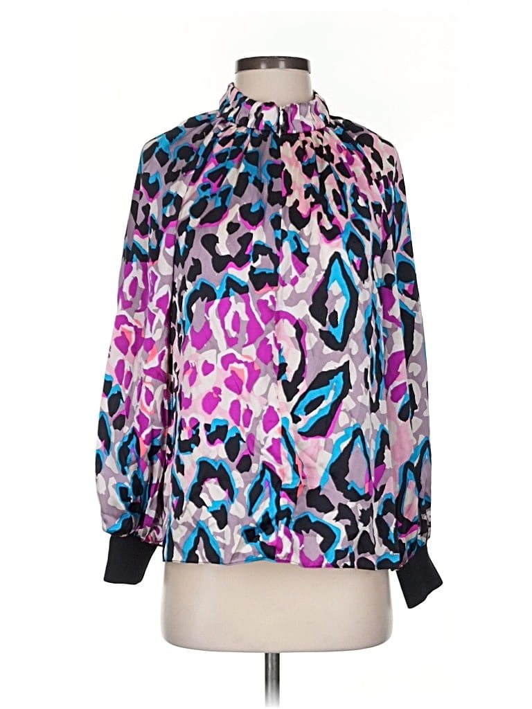 Pre-owned Alice & Trixie Long Sleeve Silk Top Purple Print Pattern Mock Neckline Tops