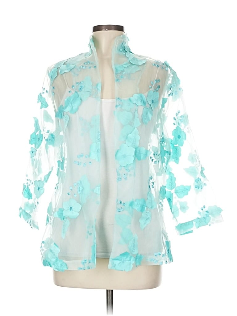 Pre-owned Connie Roberson 3/4 Sleeve Silk Top Green Halter Neckline Tops