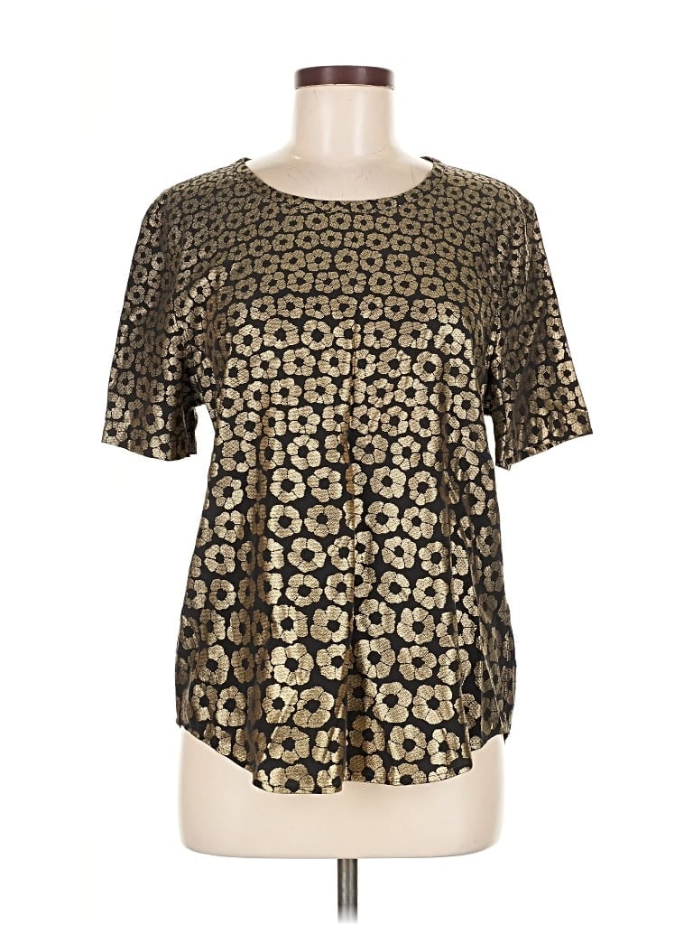 Pre-owned Equipment Short Sleeve Silk Top Gold Square Neckline Tops