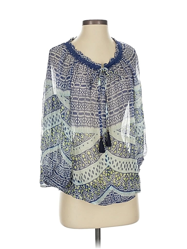 Pre-owned Gypsy 05 3/4 Sleeve Silk Top Blue Plunge Neckline Tops