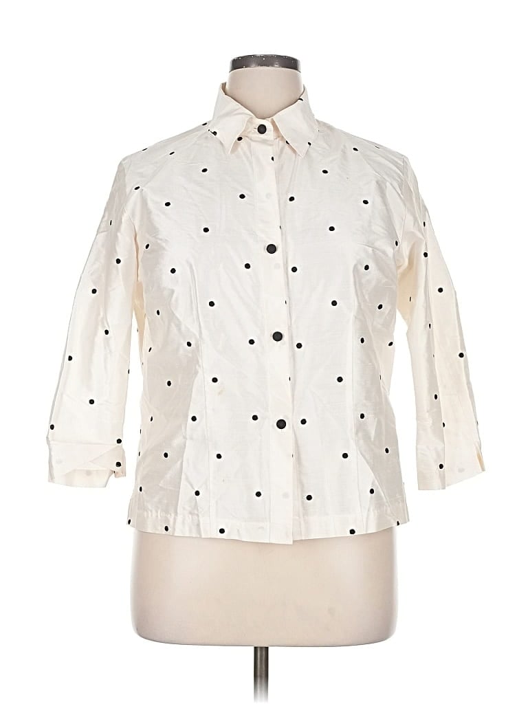 Pre-owned Connie Roberson 3/4 Sleeve Silk Top Ivory Polka Dots Pattern Mock Neckline Tops In White