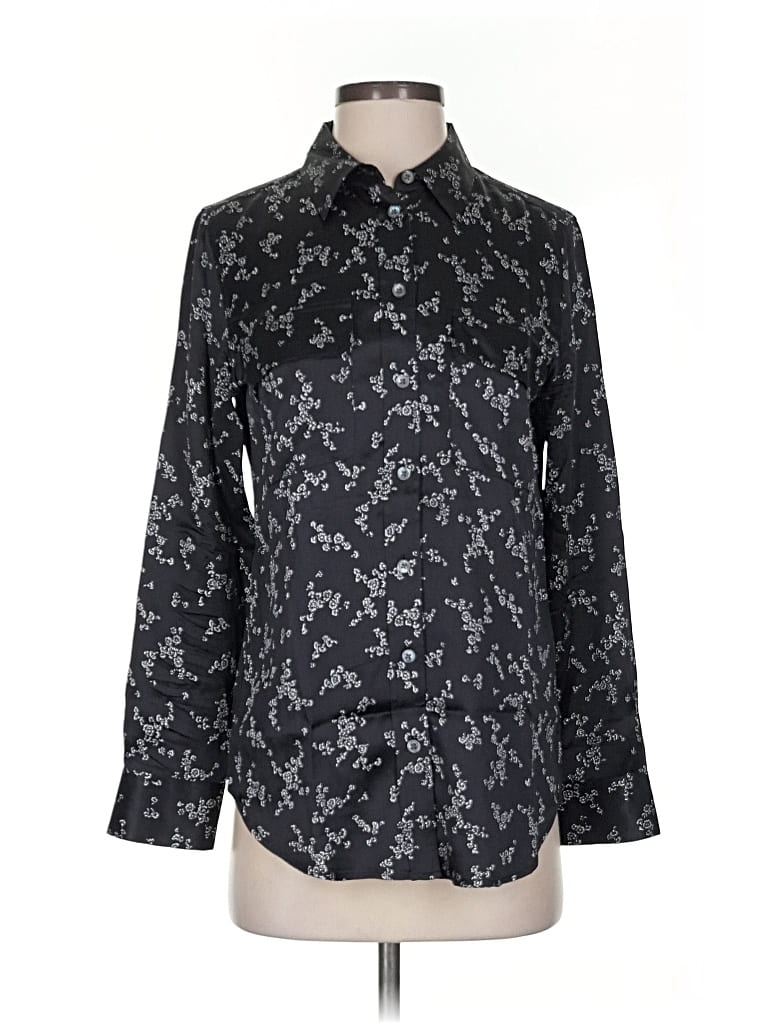 Pre-owned Equipment Long Sleeve Silk Top Black Paisley Pattern Mock Neckline Tops