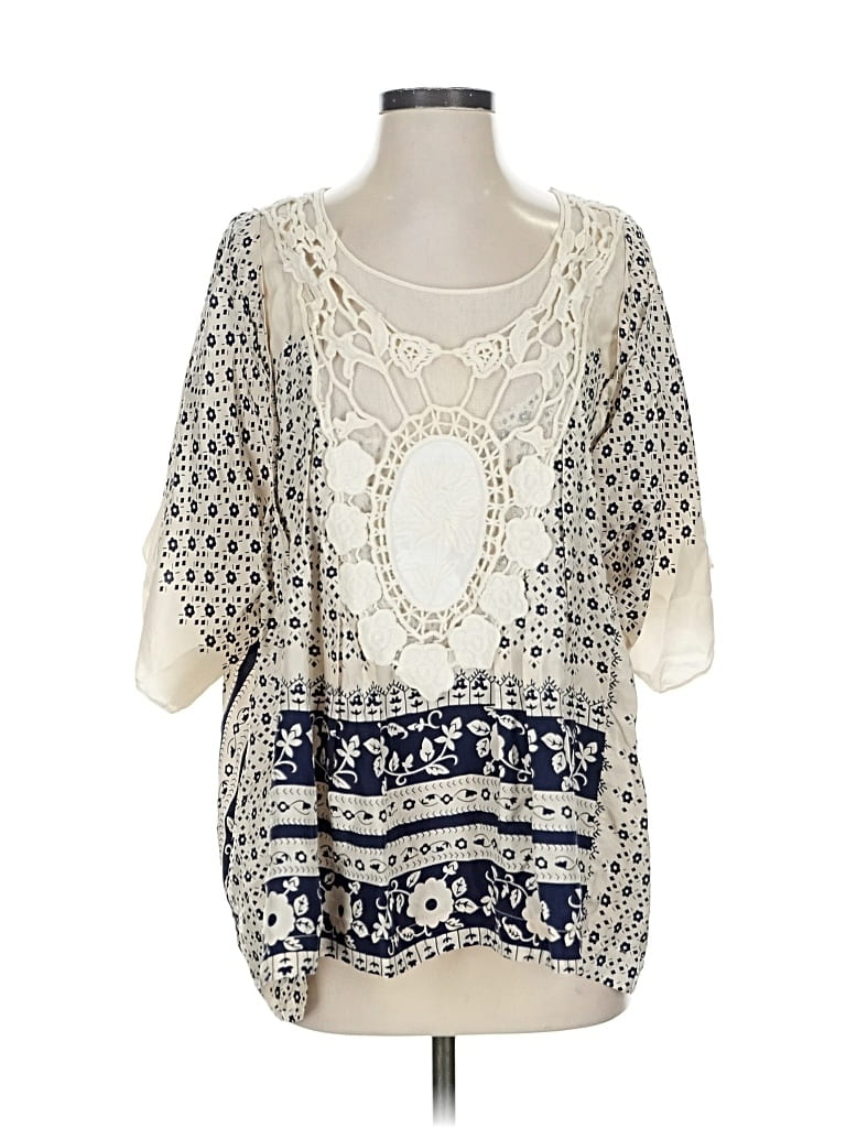 Pre-owned Johnny Was 3/4 Sleeve Silk Top Ivory Scoop Neck Tops In White