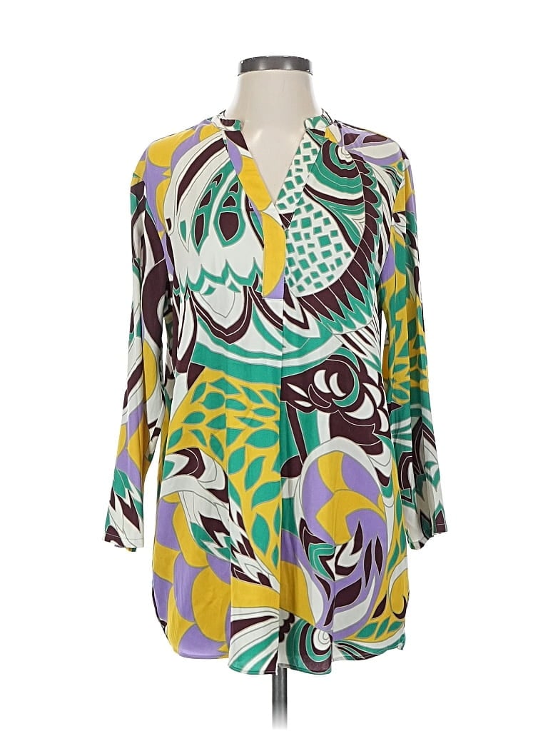 Pre-owned Cupcakes And Cashmere Long Sleeve Top Green Print Pattern V-neck Tops