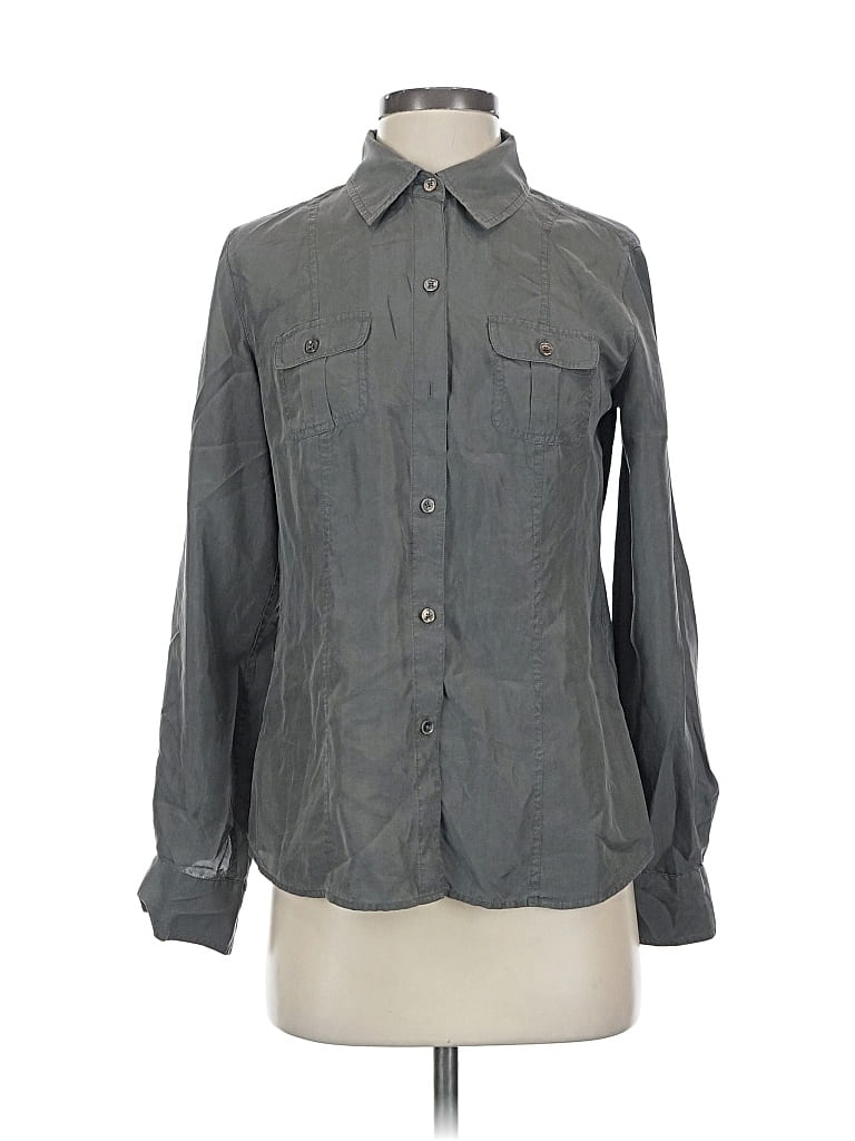 Pre-owned Tommy Bahama Long Sleeve Silk Top Gray Collared Neckline Tops