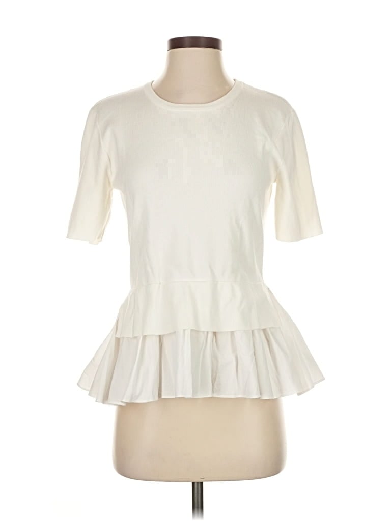 Pre-owned English Factory Short Sleeve Top Ivory Mock Neckline Tops In White