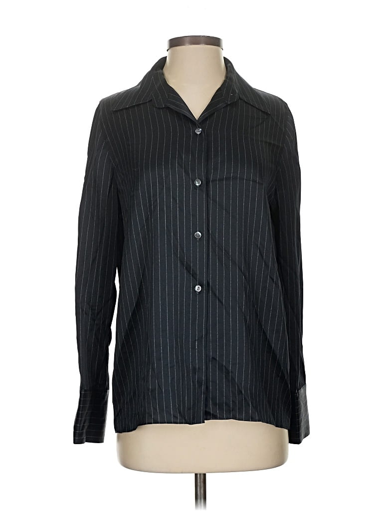 Pre-owned Vince Long Sleeve Silk Top Black Stripes Pattern Collared Neckline Tops