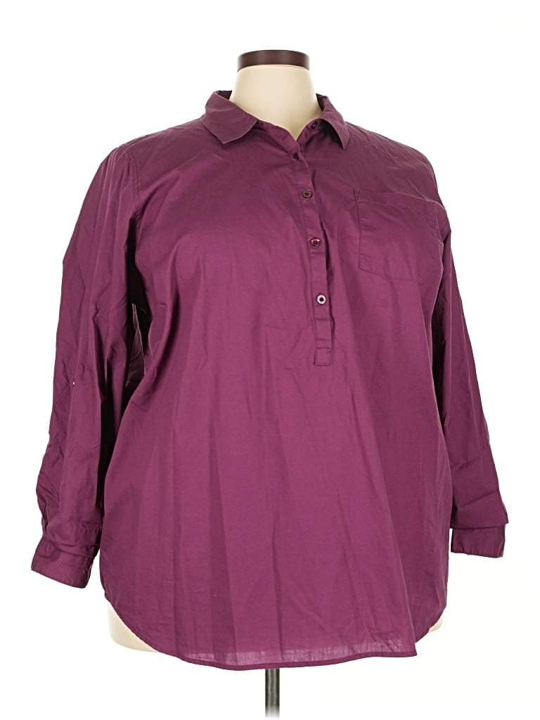 Pre-owned Woman Within 3/4 Sleeve Button Down Shirt In Burgundy