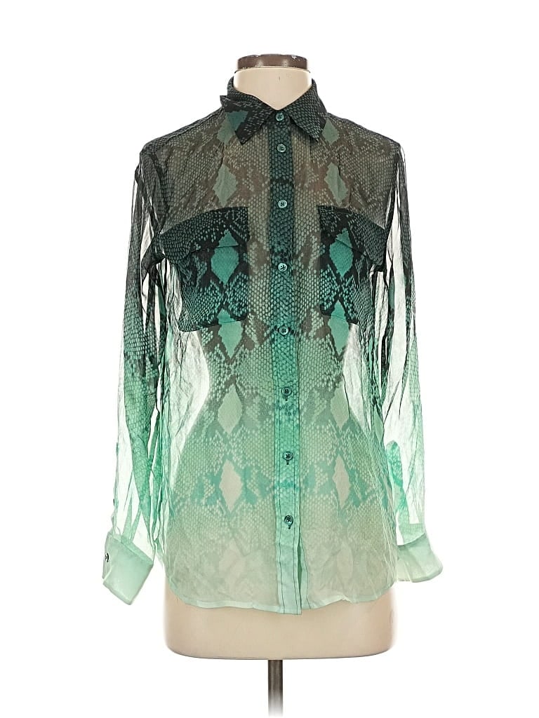 Pre-owned Equipment Long Sleeve Silk Top Green Print Pattern Collared Neckline Tops