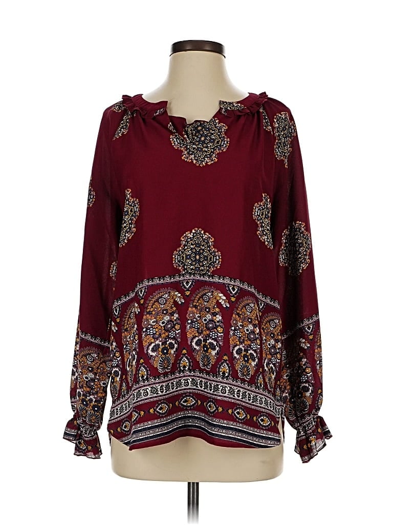 Pre-owned Pleione Long Sleeve Blouse In Burgundy