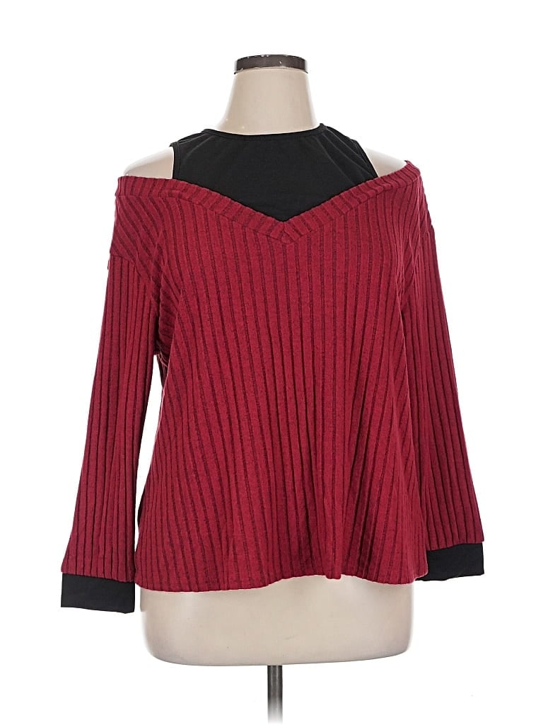 Pre-owned Shein Curve Long Sleeve Top Red Cold Shoulder Neckline Tops