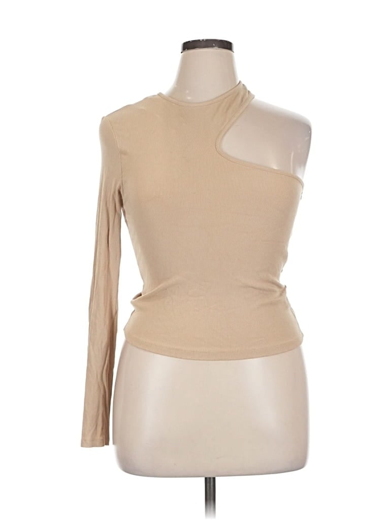 Pre-owned Forever 21 Plus Long Sleeve Top Tan One Shoulder Neckline Tops In Brown